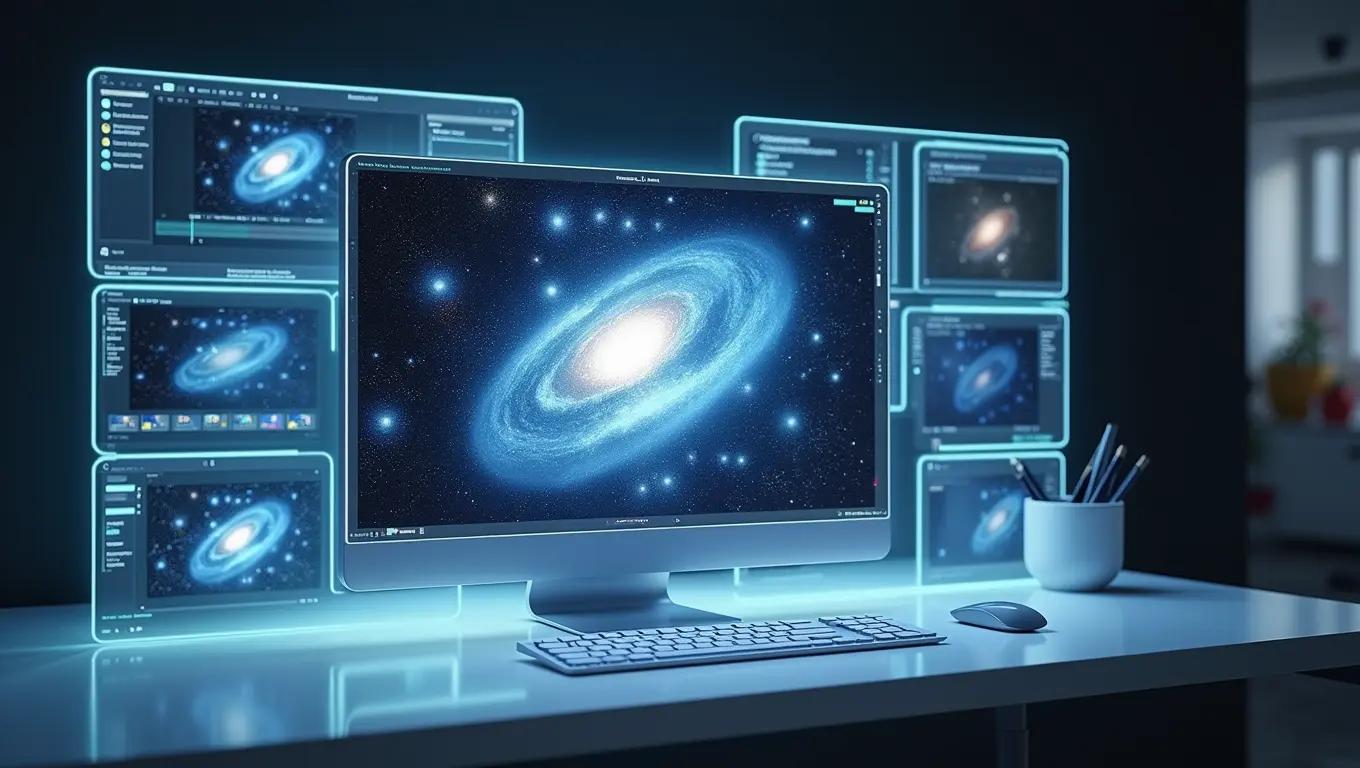 A futuristic AI-powered video editing workspace