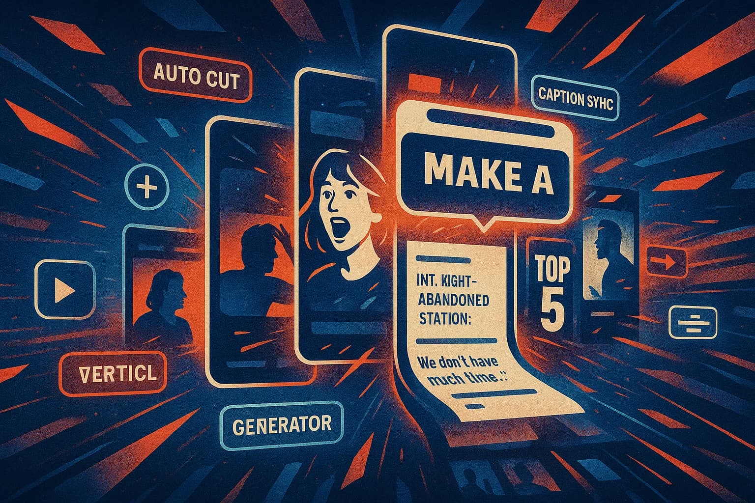 AI Clip Generator UI with stacked video frames, a script snippet, and labels like 'Auto Cut' and 'Caption Sync,' styled for TikTok-style edits.