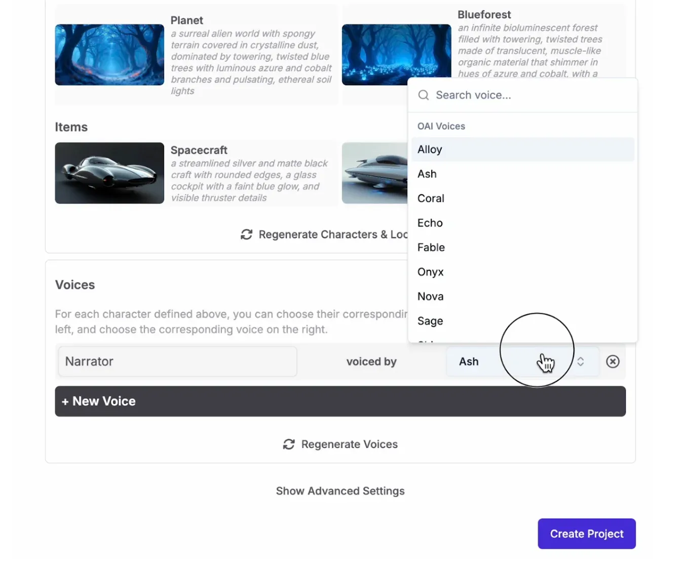 Focal AI character and location creation, unique characters, custom AI-generated settings, and create project button.