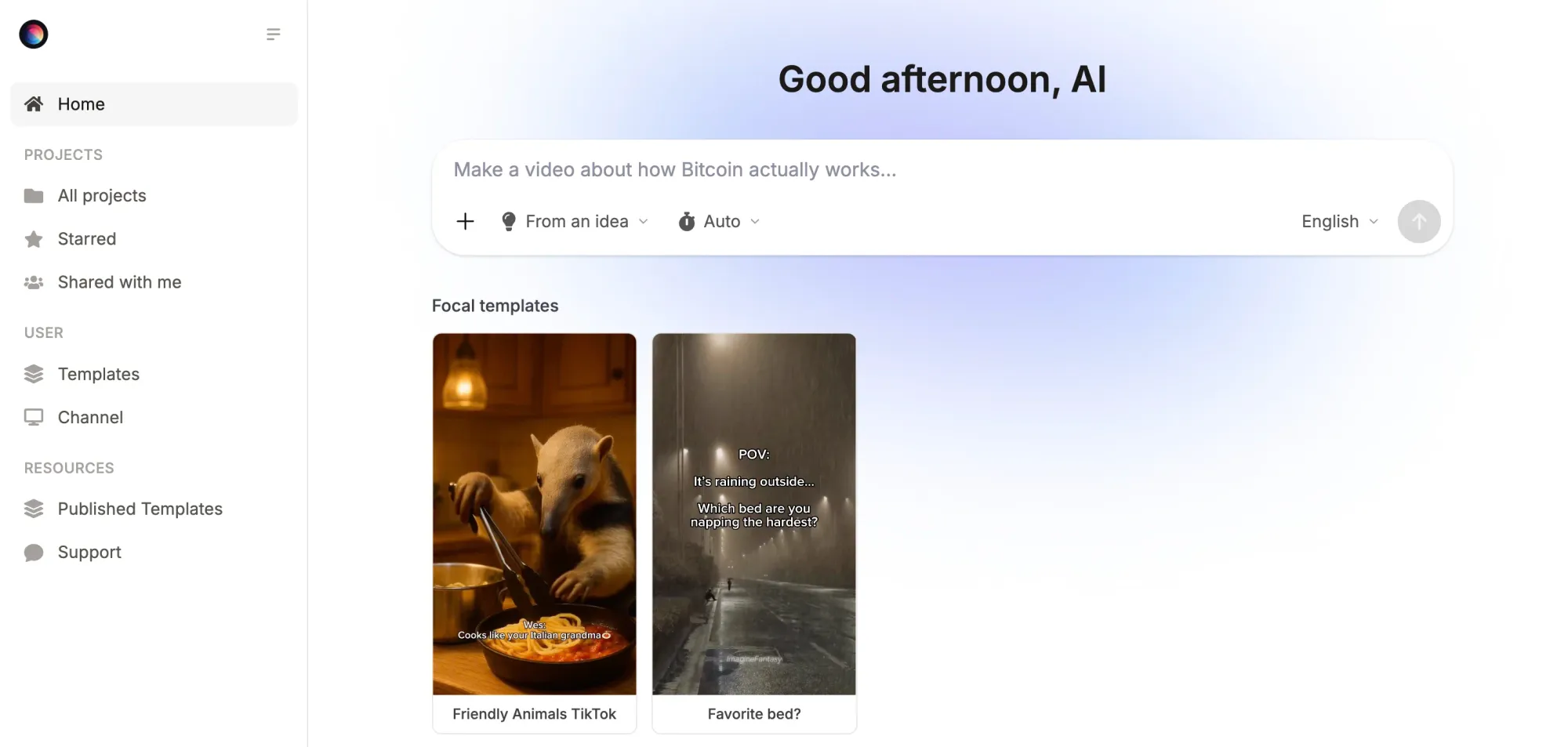 Focal AI video generator homepage showing multi-model timeline-based video creation