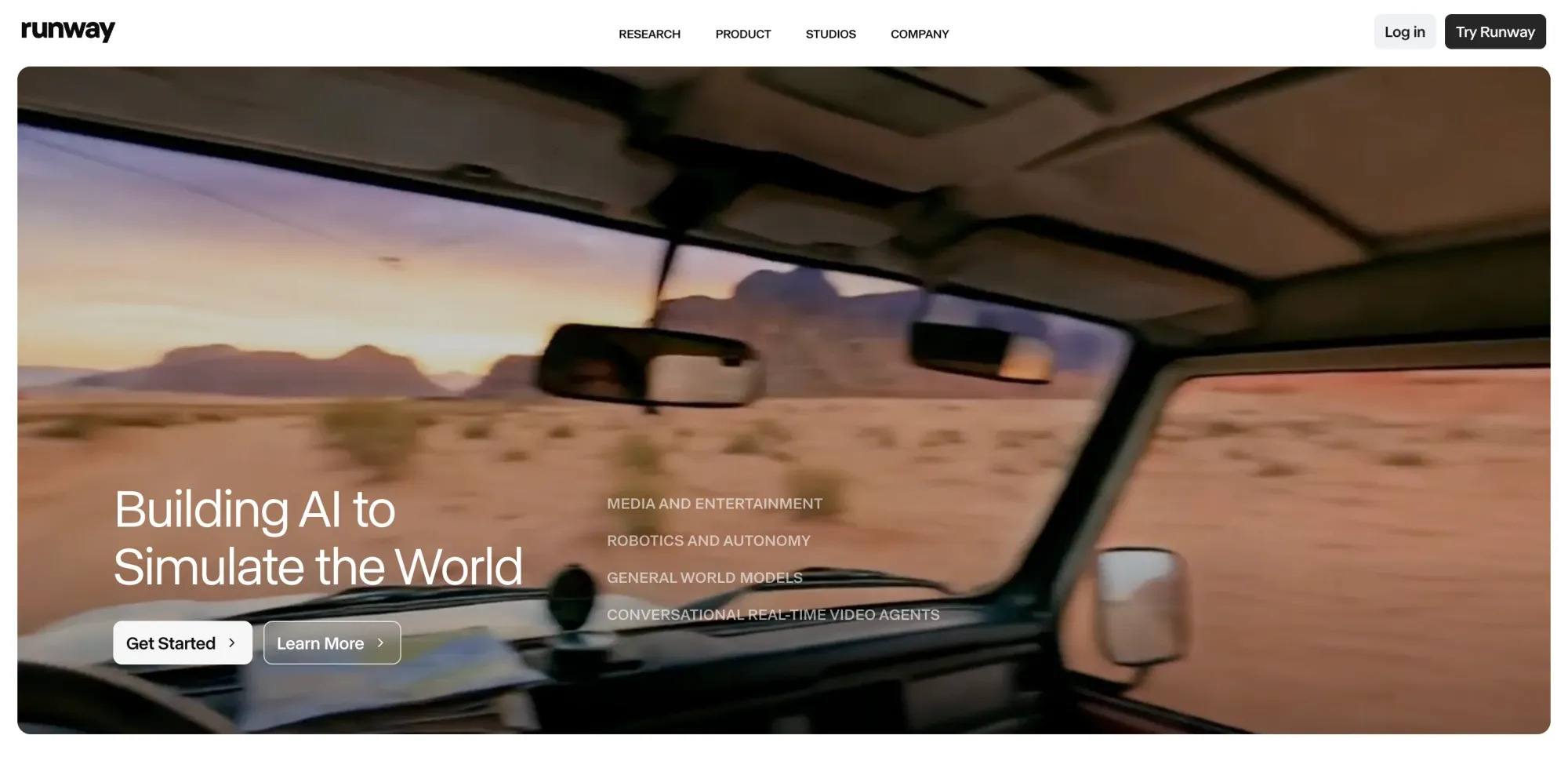 Runway ML AI video generation homepage with creative editing and cinematic tools