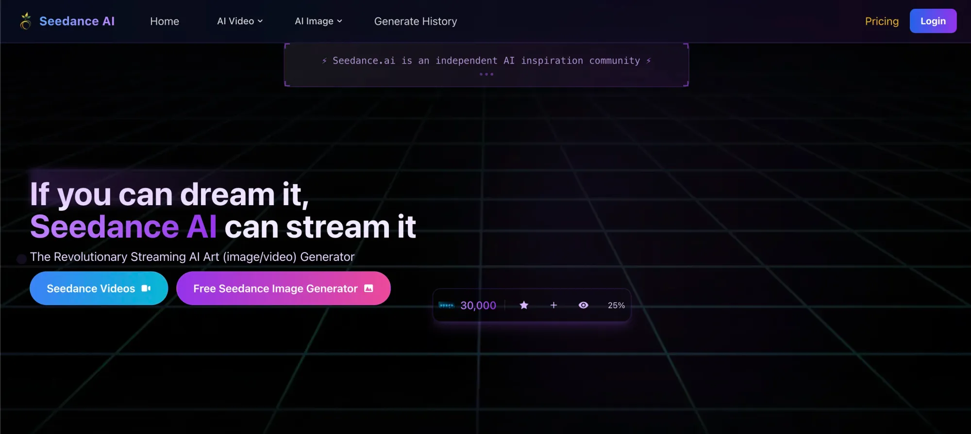 Seedance AI video platform homepage focused on multi-style text to video generation