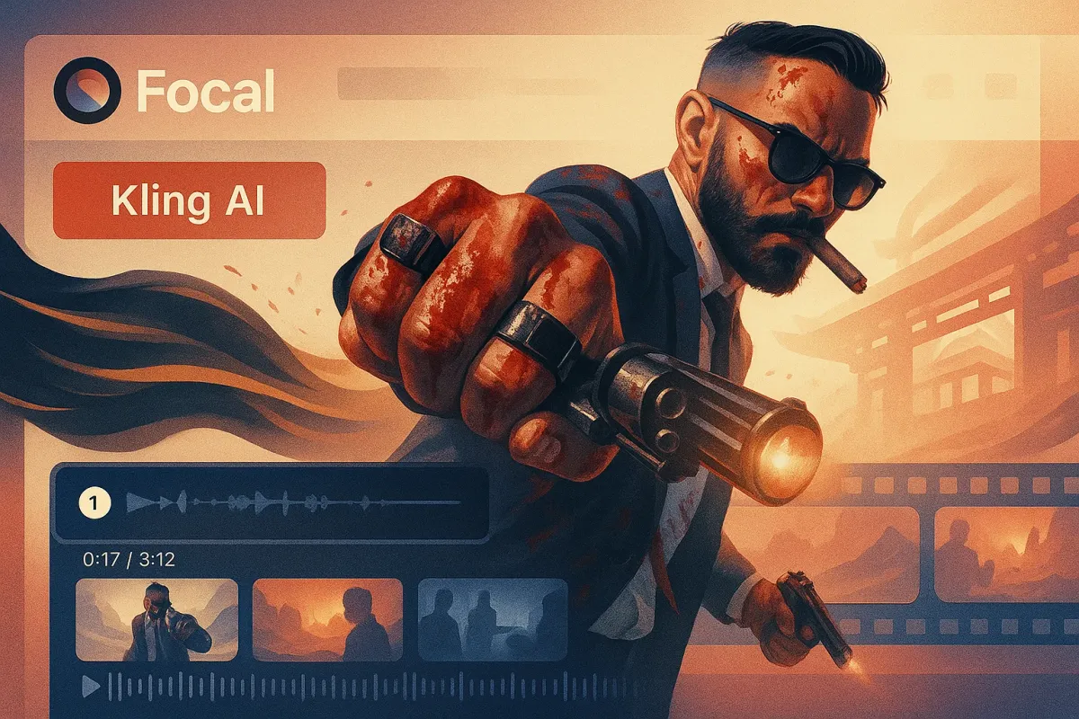 A creator generating an AI video using Kling inside Focal, with expressive character motion and cinematic lighting previewed.