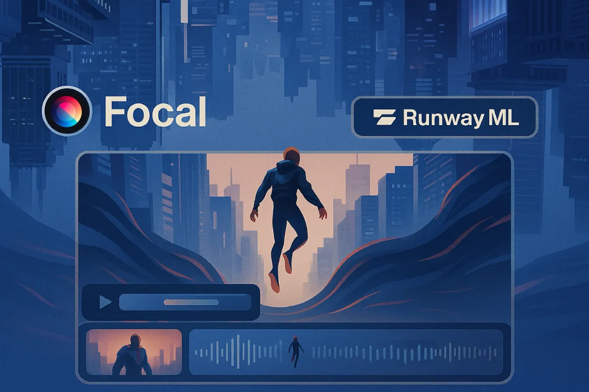 Runway Gen-4 in action inside Focal, with stylized AI video frames being previewed and trimmed in an editor.