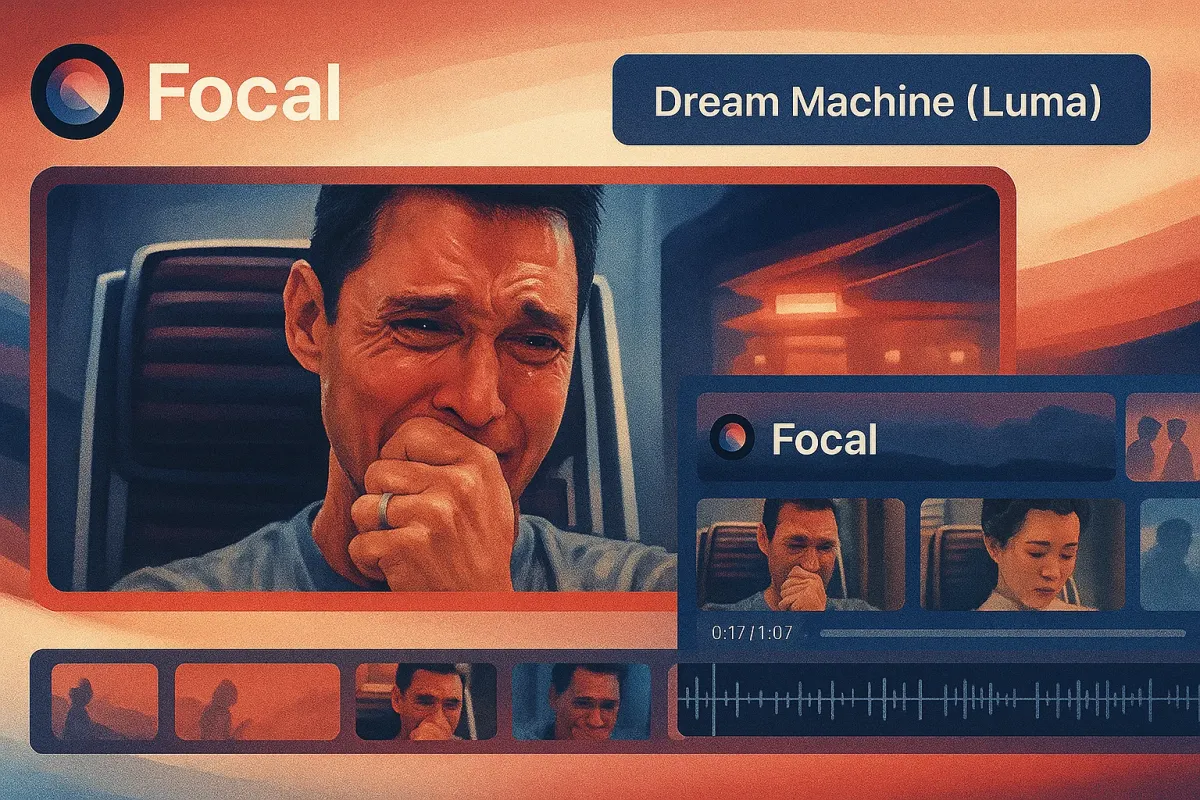 A preview of AI-generated cinematic video scenes created with Luma Dream Machine inside Focal’s editing workspace.