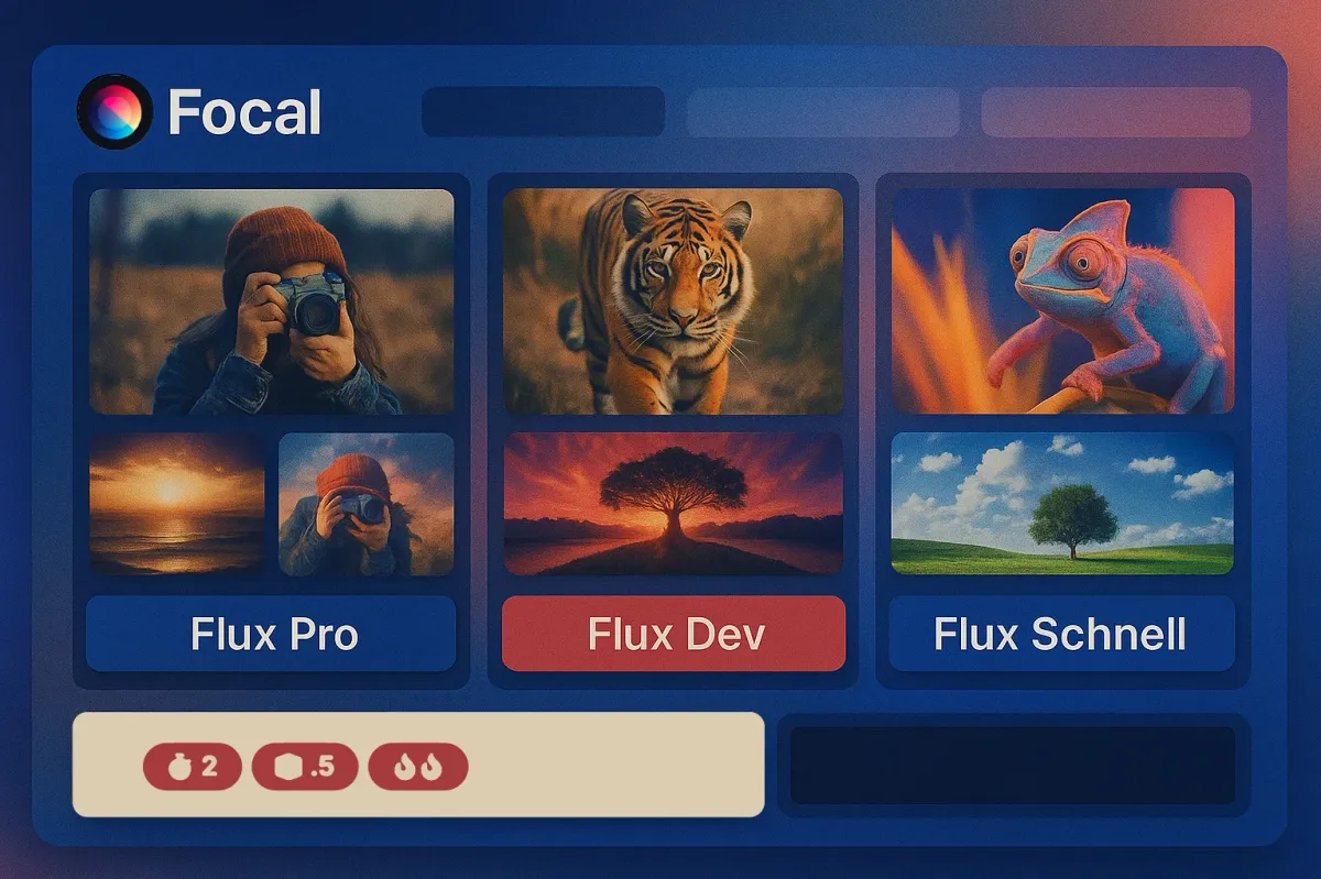 A creator comparing outputs from Flux Pro, Dev, and Schnell, each generating a different version of the same scene.