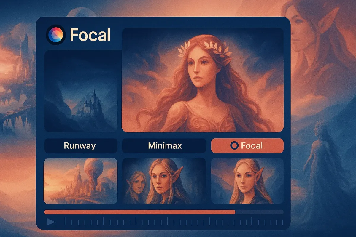 Side-by-side comparison of video clips generated by Runway, Minimax (Hailuo), and Focal, each with distinct visual tone and style.