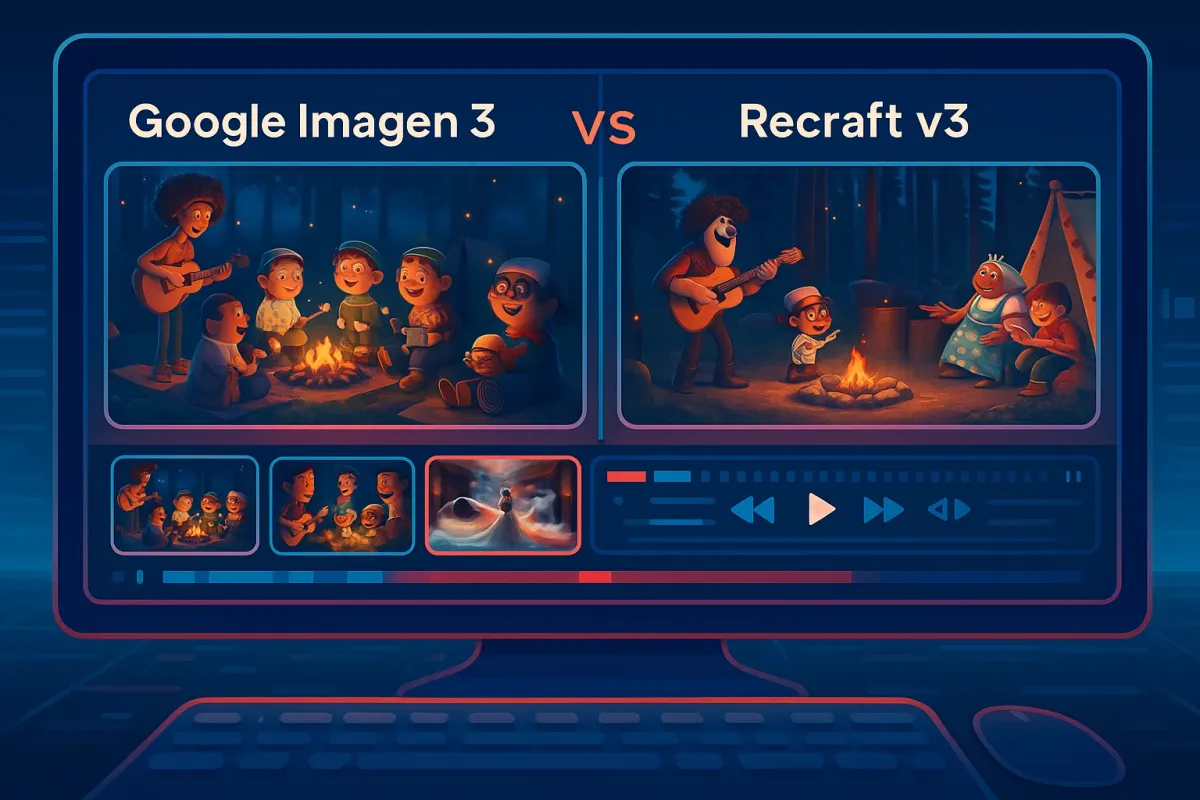 Split comparison of AI-generated images from Imagen 3 and Recraft v3, showing differences in sharpness, realism, and visual style variety.