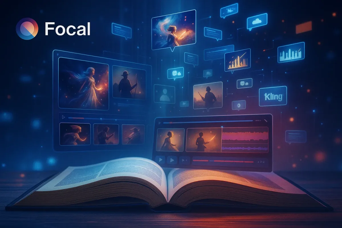 Educational-style AI-generated scenes using Kling AI, featuring instructor characters, diagrams, and step-by-step visual sequences in a timeline.