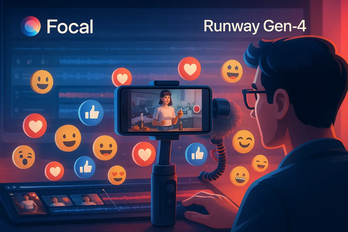 Short-form vertical video clips generated by Runway Gen-4, showing snappy transitions, branded overlays, and mobile-friendly compositions.