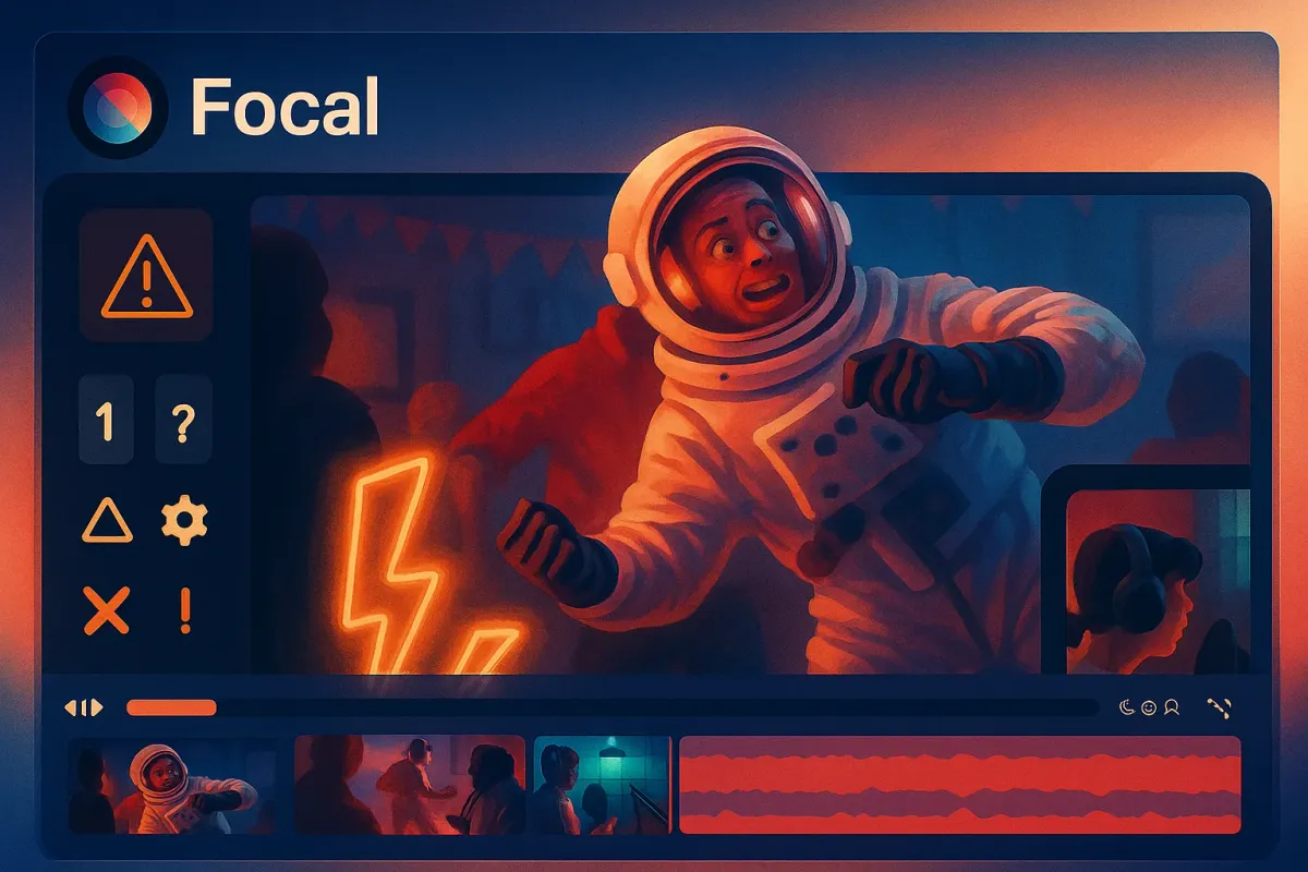AI timeline showing incorrect edits, awkward pacing, and misaligned scenes, marked with caution icons and corrected examples alongside.