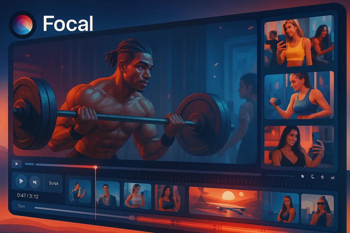 AI-generated influencer video layout with synthetic avatar, text-to-speech voiceover, and a branded social video interface.