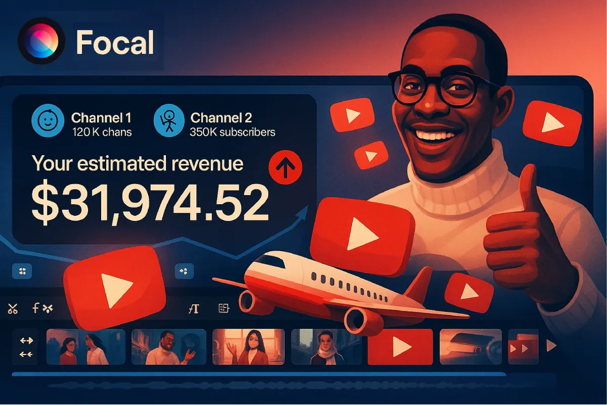 Focal dashboard showing an automated YouTube workflow with scenes, script drafts, voiceovers, and upload previews all generated by AI.