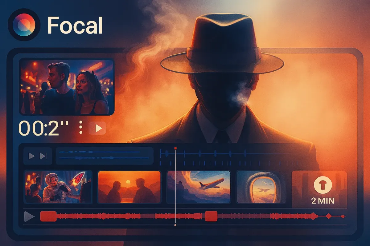 Faceless YouTube channel project with AI-generated visuals, voiceover layers, and topic lists in a simplified editor interface.