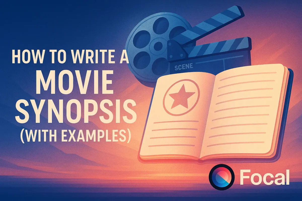 Comparison of short and long movie synopsis examples displayed next to visual scripts and treatment outlines.