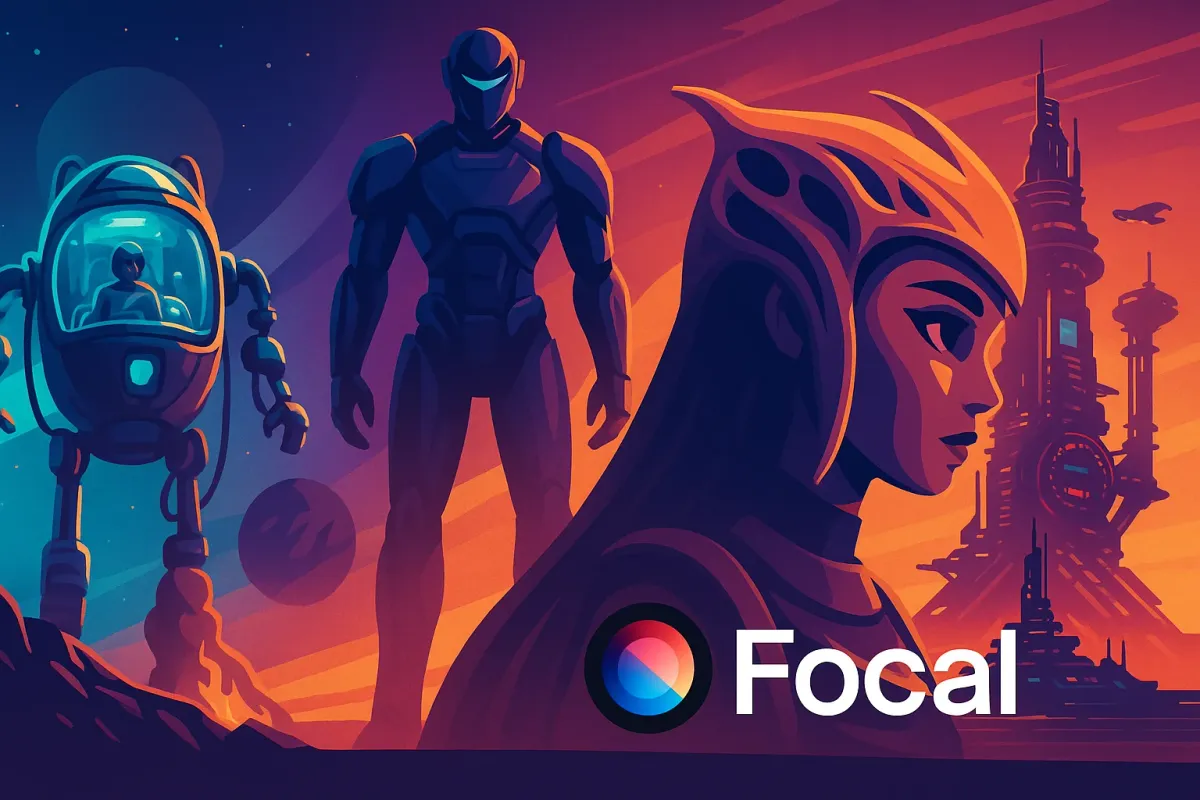 AI-generated fantasy and sci-fi video stills with glowing landscapes, creatures, and stylized cinematic lighting.