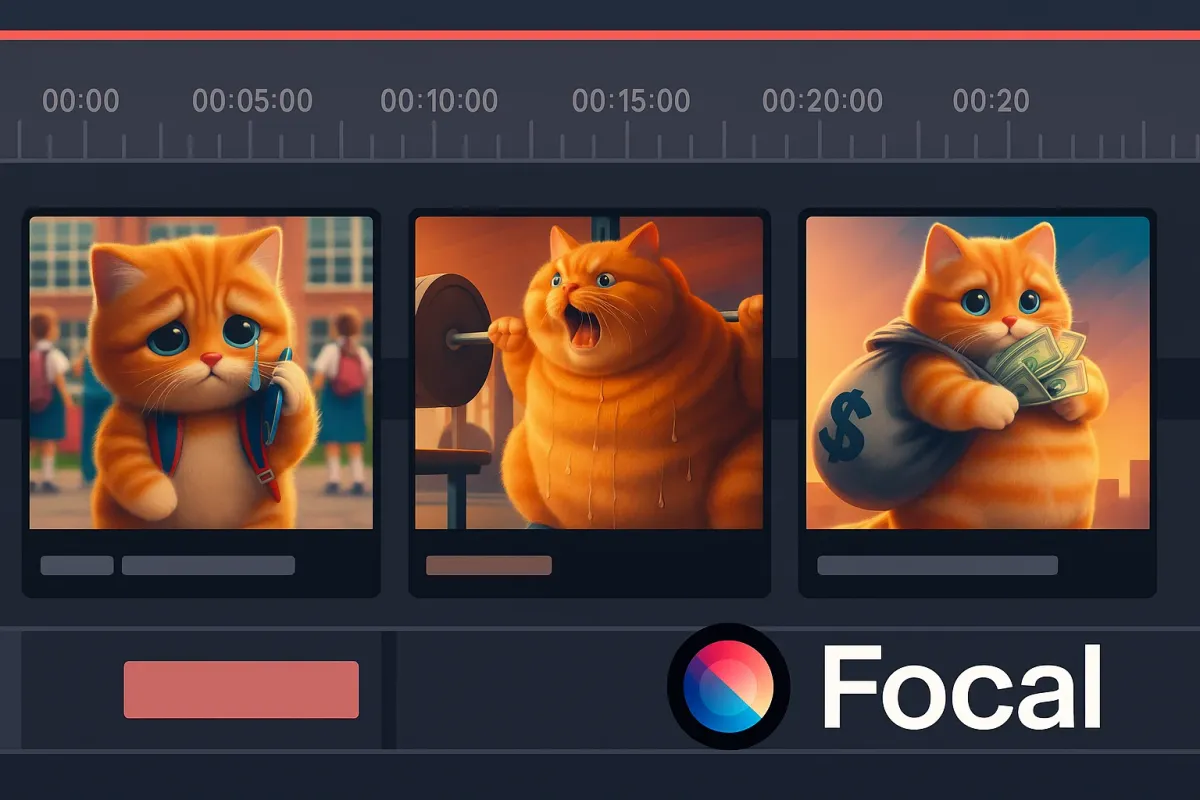 AI-generated cat video timeline with exaggerated reactions, comical animations, and meme-style edits styled for TikTok and YouTube.
