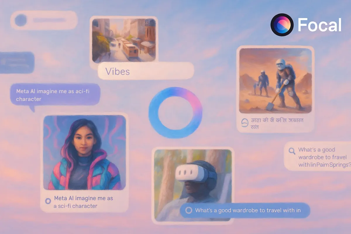 Mockup of Meta’s AI video feed labeled “Vibes,” featuring fully AI-generated clips, reactions, and a scrollable shortform layout.