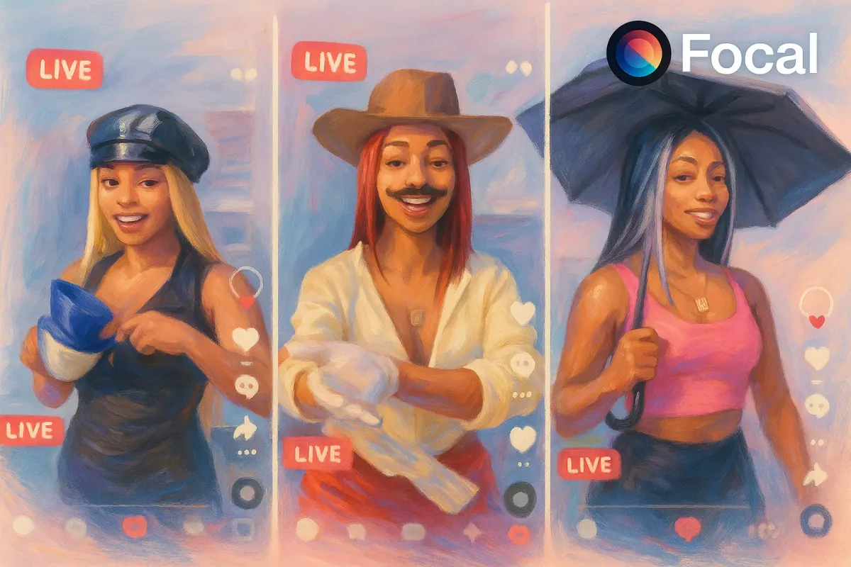 Live AI stream with a virtual host responding to live chat input, background scenes adapting based on real-time viewer engagement.