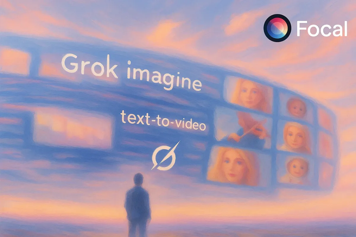 Grok Imagine dashboard with a prompt field and preview panel generating narrative video clips in a clean interface.